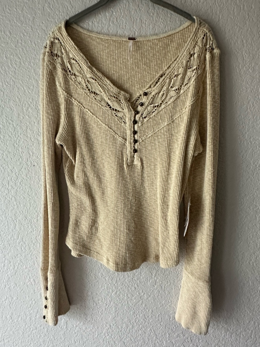 Free People Oatmeal Combo Thermal Henley - Lace Trim Waffle Knit Top - XL NWT